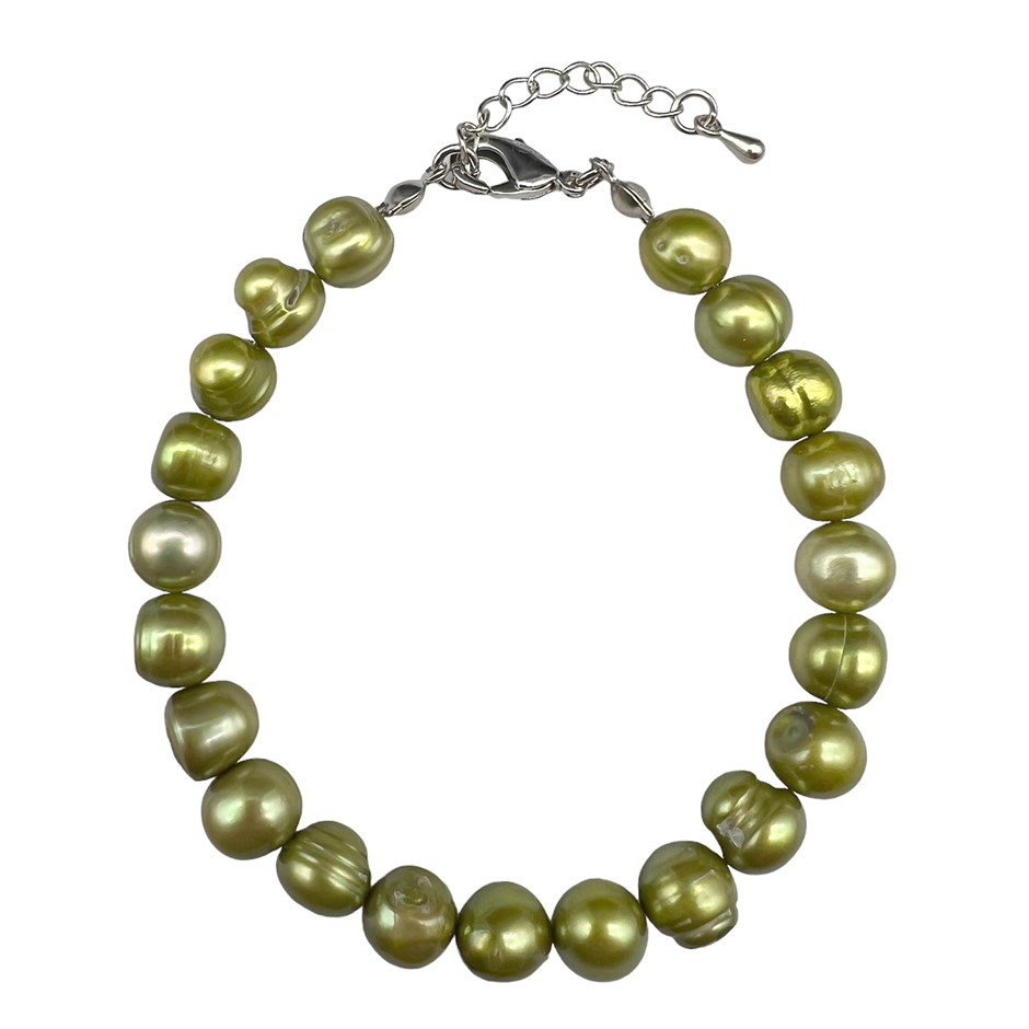 7-8mm Green Potato Shape Pearl with Platinum Plated Bracelet