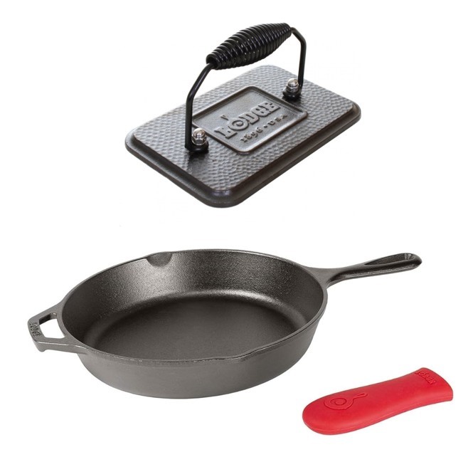 2 x LODGE Products Including the Cast Iron Skillet with Red Silicone Hot Ha