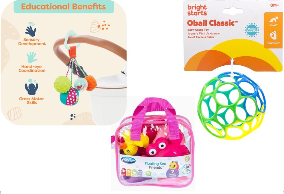 3 x Assorted Baby Toys, 0-6M+, Comprising: 1 x BATTAT Rattle Balls, 1 x BRI