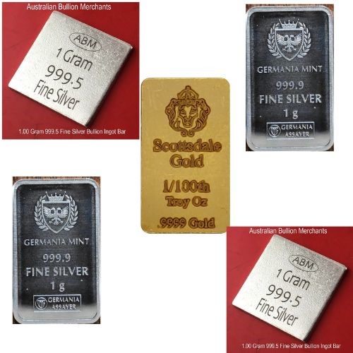 1/100 Ounce -Gold Scottdale & 1/10 Ounce Xag Silver coins x 4 Unc