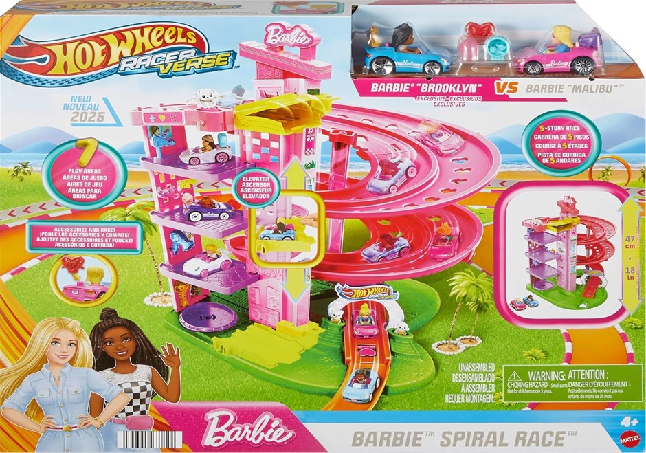 HOT WHEELS RacerVerse Barbie Spiral Race Playset with Barbie “Malibu” & Bar