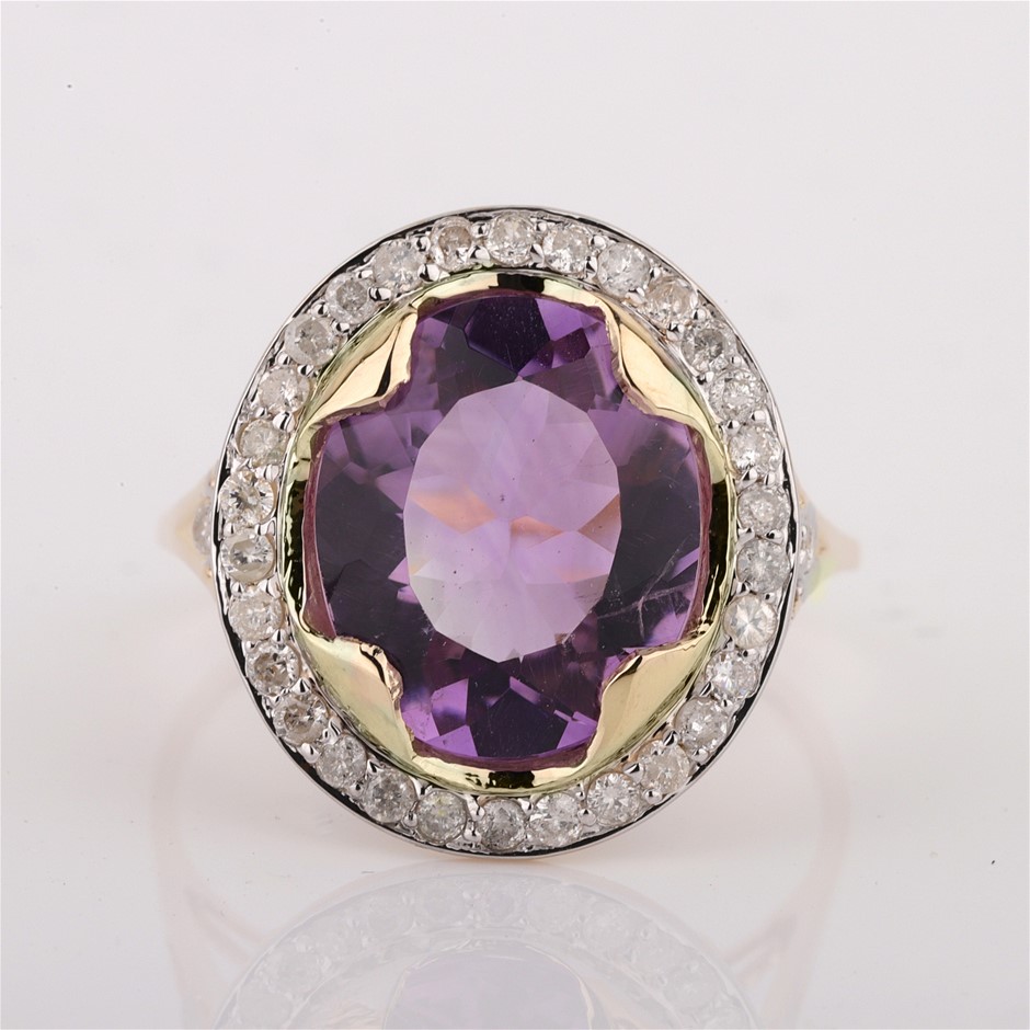 Yellow Gold Natural Amethyst & Diamond Ring with Valuation