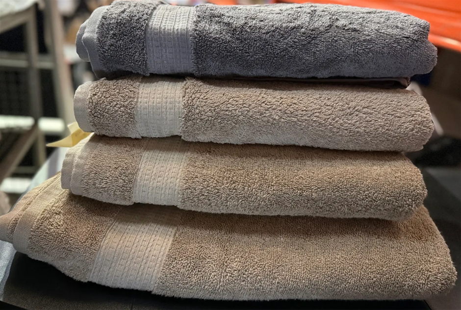4x Assorted Purely Indulgent Bath Towel 100% Cotton, Grey and Tan.