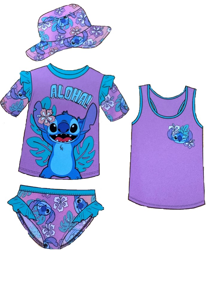 DISNEY PRINCESS Girl's Aloha Character 4 Piece Swim Set: Hat, Bottom, Vest,