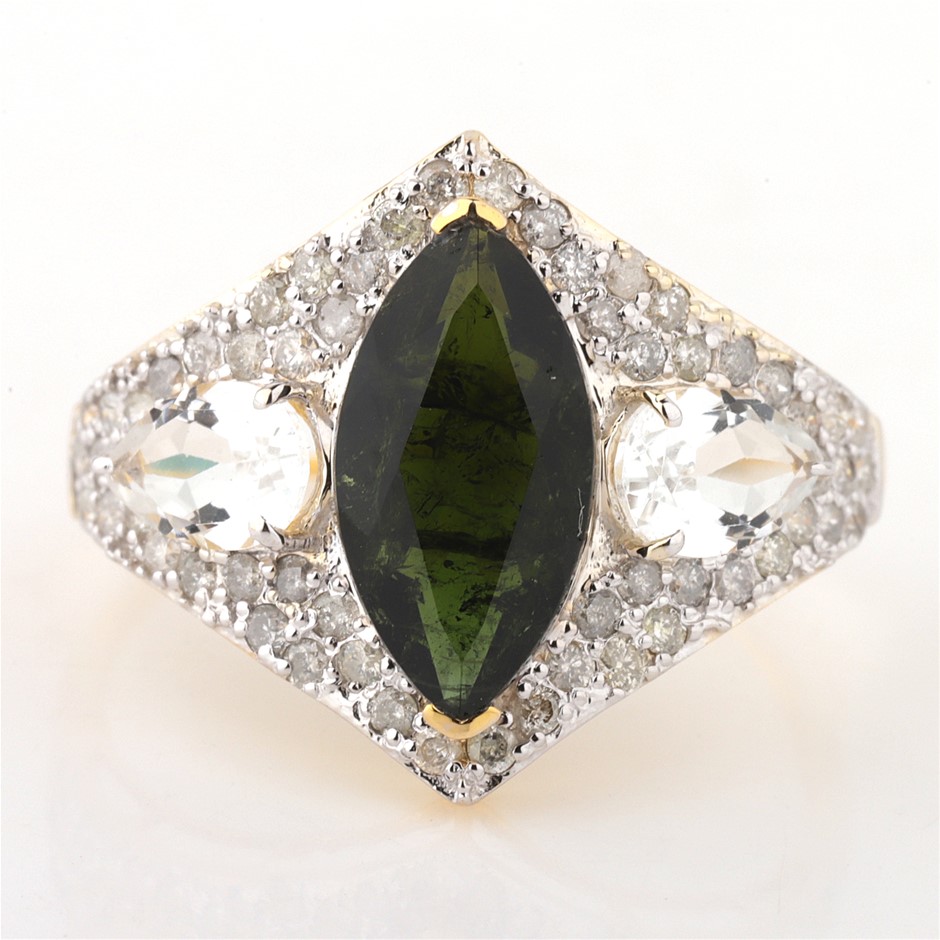 Yellow Gold Natural Tourmaline / Natural White Topaz & Diamond Ring  with