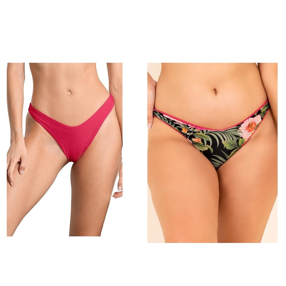 MAAJI Women's High Leg Cheeky Cut Reversible Bikini Bottoms, Size S, Dark P