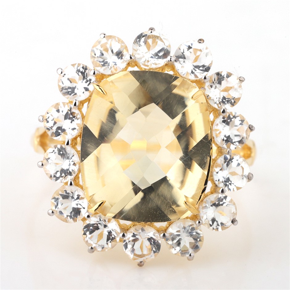 Yellow Gold Natural Citrine / Natural White Topaz Ring with Valuation