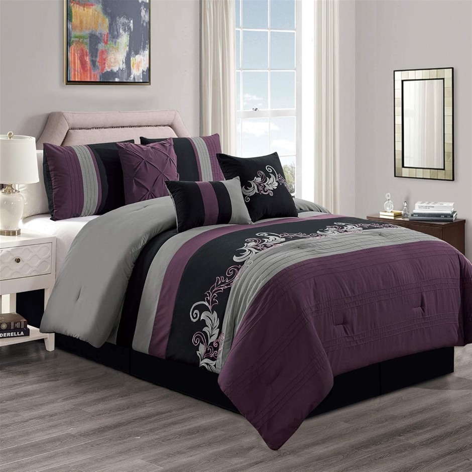 CHEZMOI COLLECTION Napa 7-Piece Luxury Leaves Scroll Embroidery Bedding Com