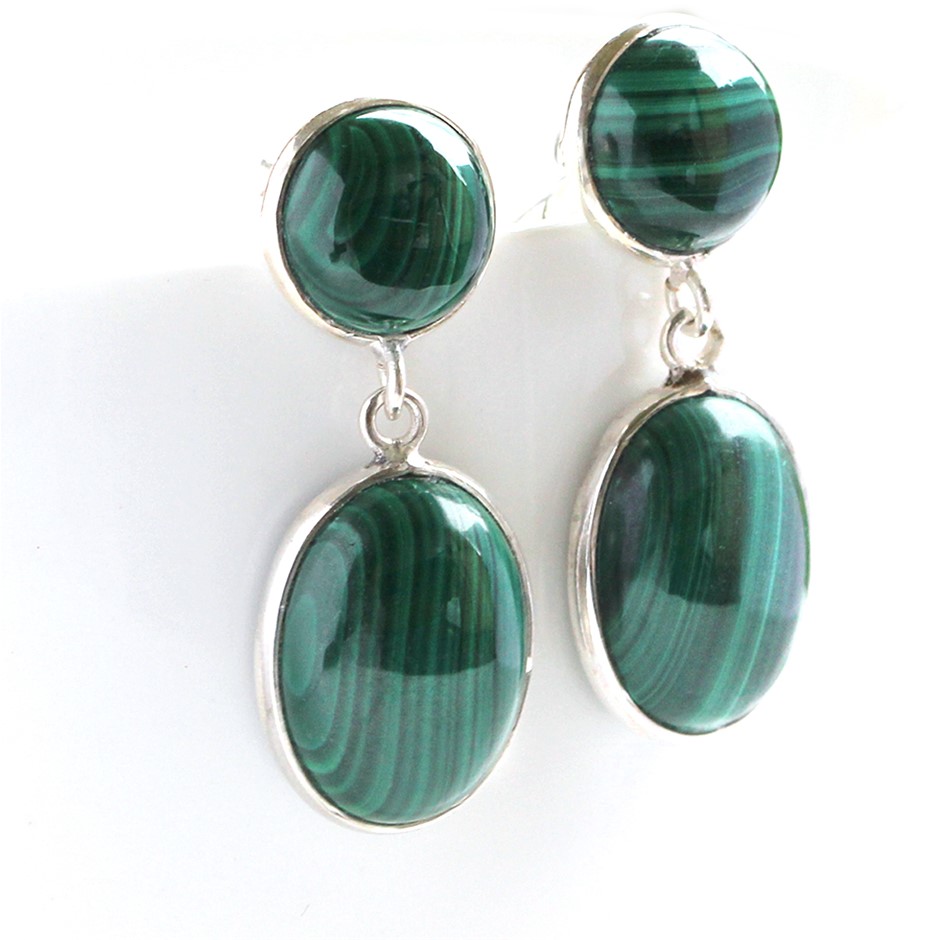 Handcrafted 24 Cts Malachite Drop 925 Sterling Silver Gemstone Earrings