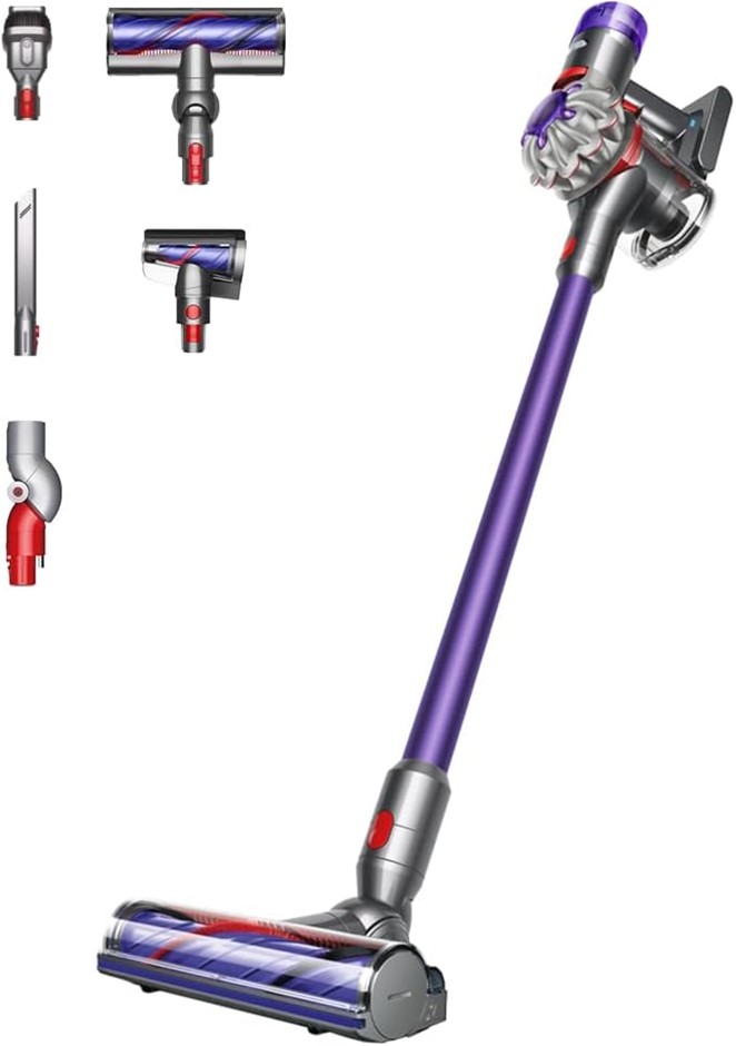 DYSON V8 Extra Cordless Vacuum Cleaner, Silver/Purple. NB: Has been used.