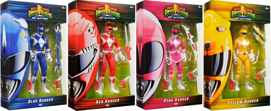 4 x POWER RANGERS Classic Re-Ignition 13cm Action Figures: Blue Ranger, Pin