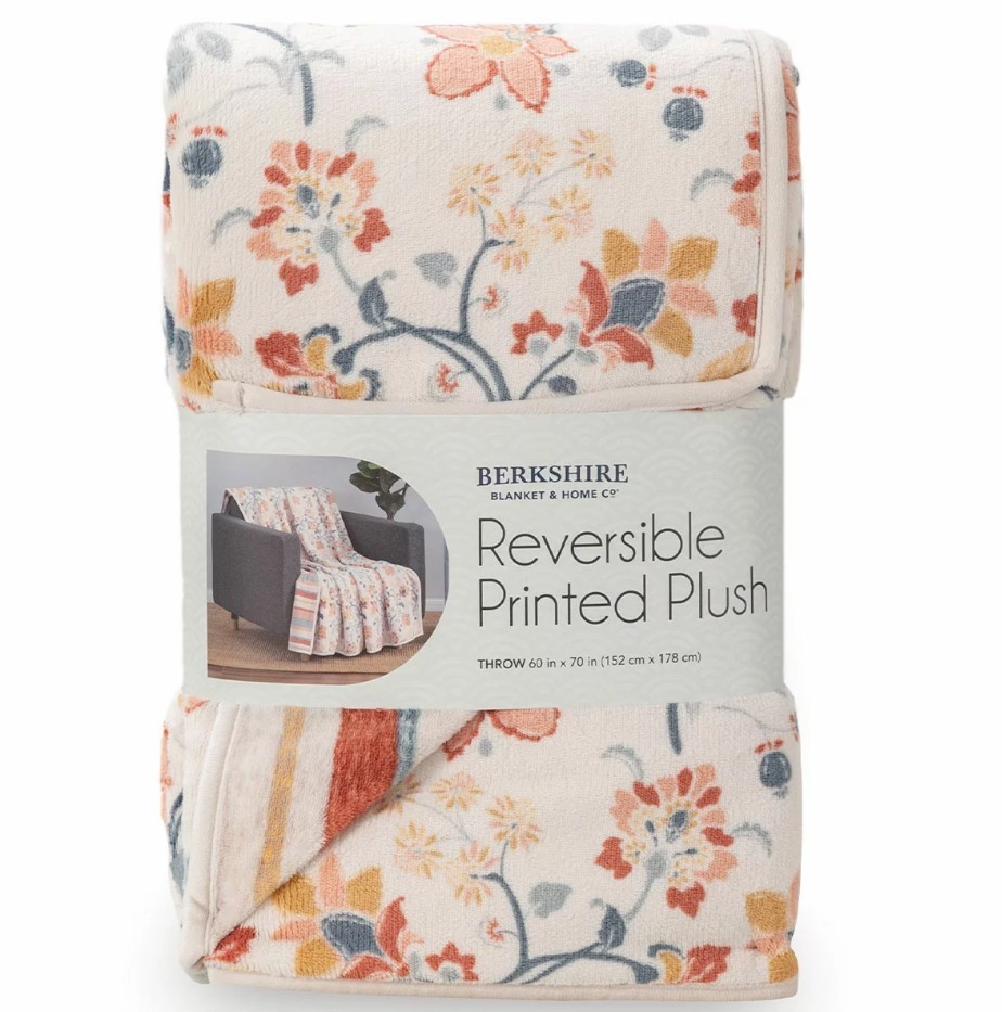 BERKSHIRE LIFE Reversible Printed Plush Throw, 152cm x 178cm, Floral.