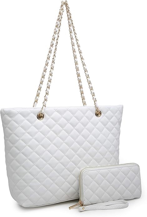 XB Women's Leather Quilted Shoulder Bag Wristlet Wallet Zipper 2pcs Tote B