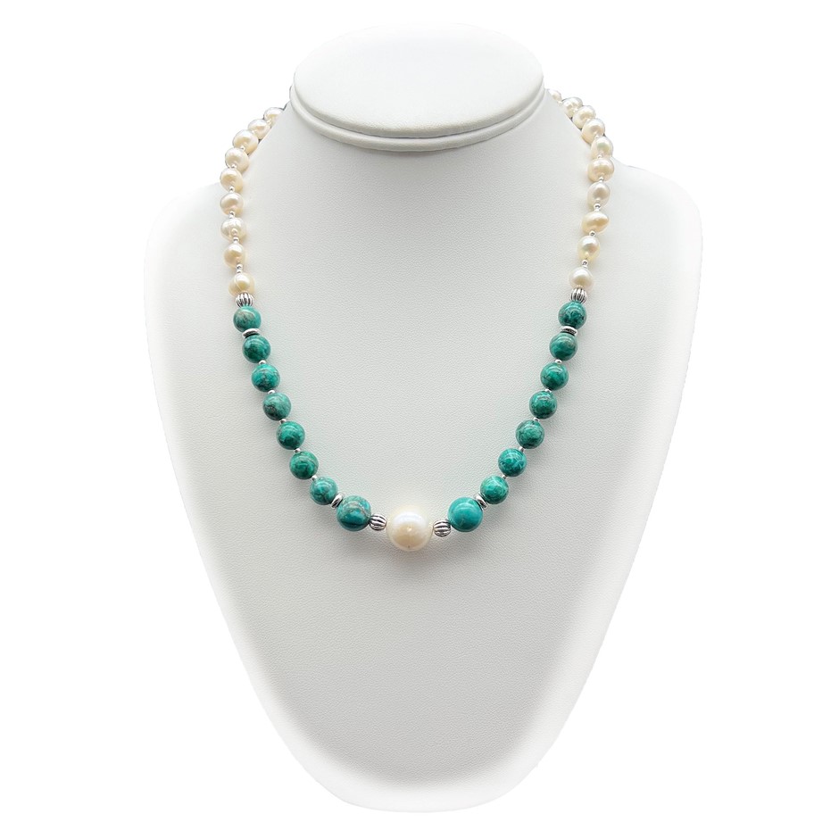 Large Central 13mm White Pearl, Afican Jasper 'Turquoise' Necklace