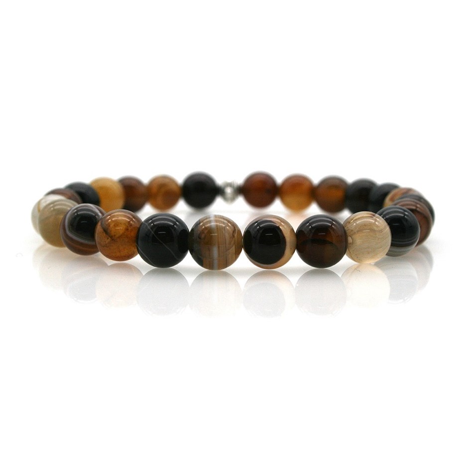 Men's 8mm Stripey Agate & Silver Beads Bracelet