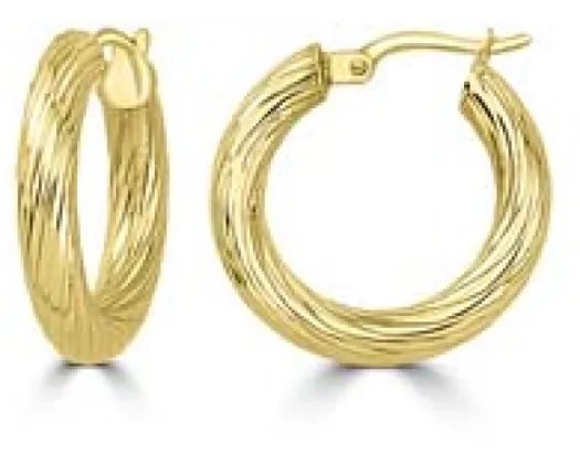 <B>9K Yellow Gold Textured Hollow Hoops 15Mm</B><P>