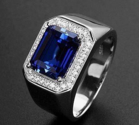 925 Silver Ring 3.0ct Blue Emerald Cut Simulated Diamodns-8us