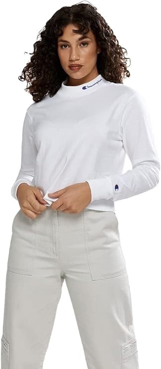 CHAMPION Women's Heritage Mock Neck LS Tee, Size L, Cotton, White (WIT), CT