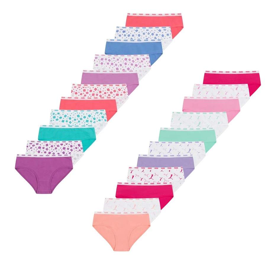 13 x PUMA Girls' Bikini Underwear, Size US M, 95% Cotton, Assorted Colours,