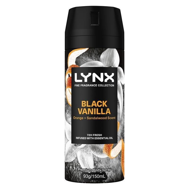 6 x LYNX Black Vanilla Premium Body Spray, Orange + Sandalwood Scent, 93g/1