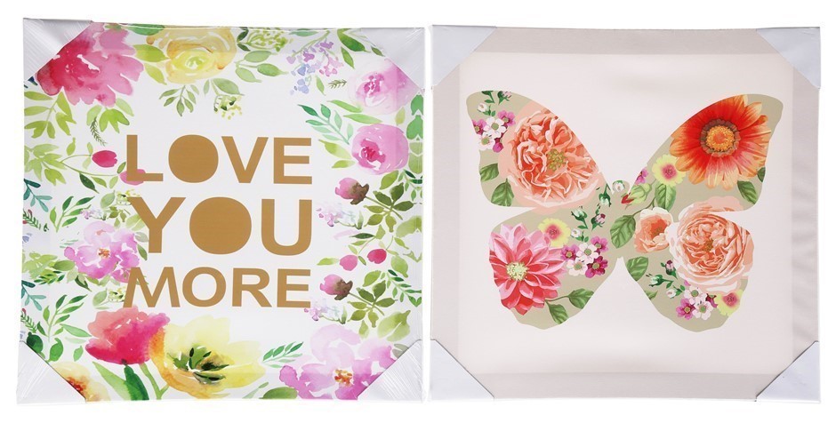 Set of 2  Canvass Wall Hangings, "Butterfly & Love You More" 400 x 400mm.