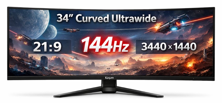 KOGAN 34" Curved Ultrawide HDR Gaming Monitor, 21:9, 144 Hz, 3440x1440