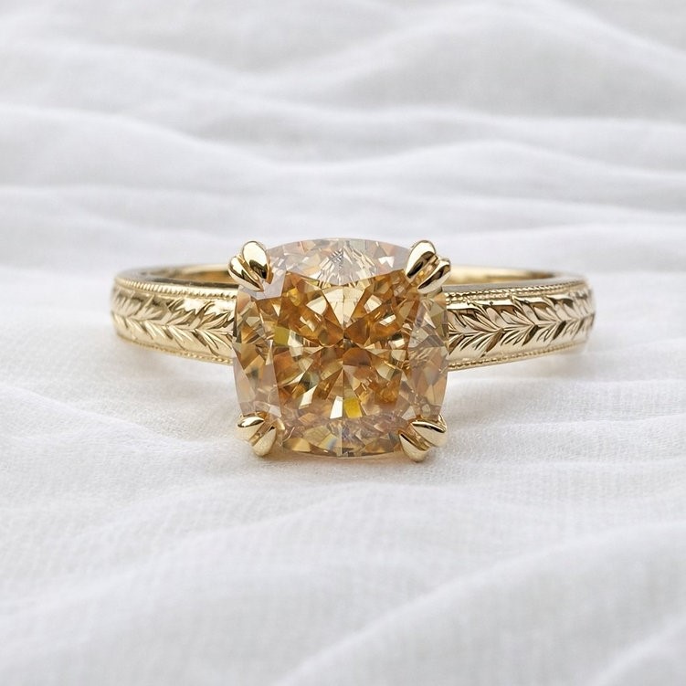 2ct Champagne Moissanite Engraved Textured Ring 10K Solid Gold
