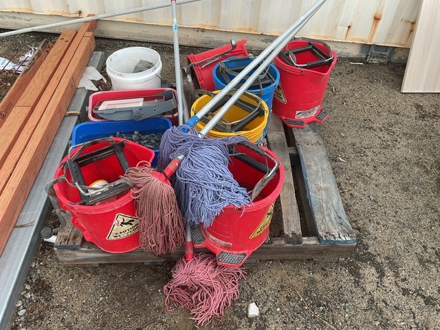 Pallet Of Mop Buckets, Mops and Assorted Hardware