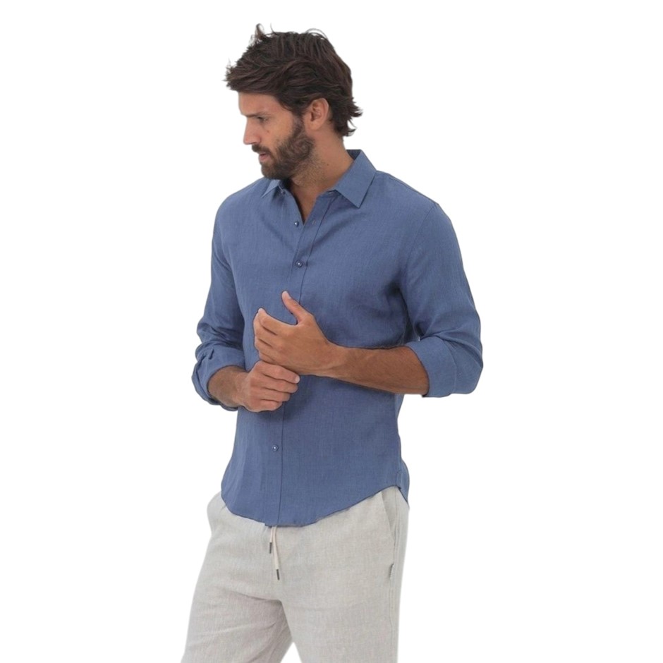 COAST Men's Long Sleeve Linen Shirt, Size XL, 100% Linen, Denim Blue, 18CCC