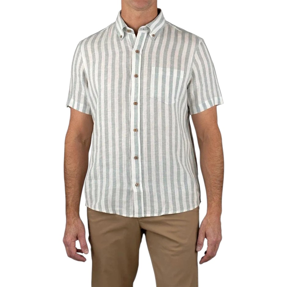 TAILOR VINTAGE Men's S/S Shirt, Size XL, 100% Linen, Chinois Green Bold Str