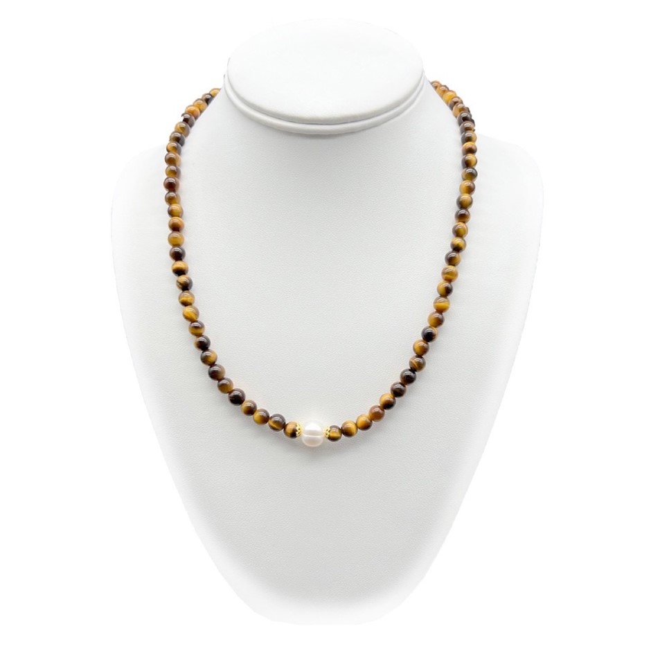 10mm White Pearls with Tiger Eye Gemstone Necklace