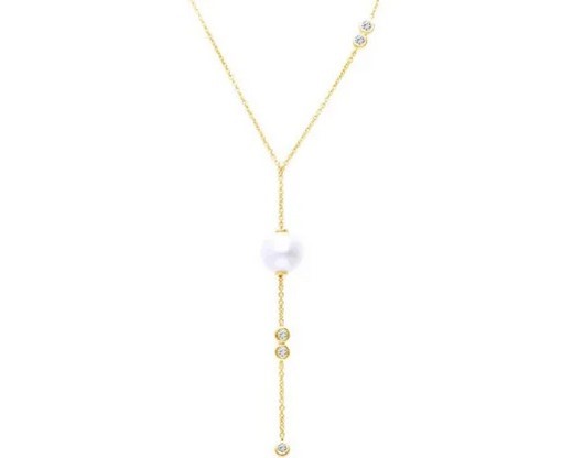 9K YELLOW GOLD 0.15ct FVS LAB DIAMOND FW PEARL NECKLACE 40-45cm