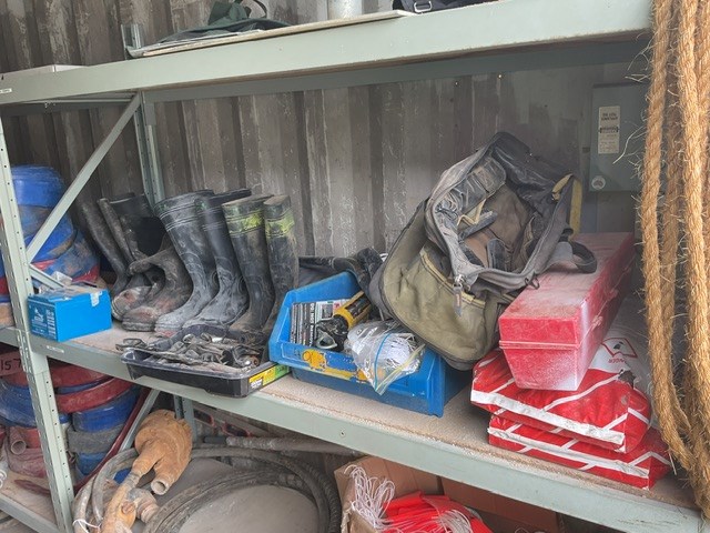 <p>2 Shelves Of Boots, Spanners, Bunting, Battery And Hardware</p>