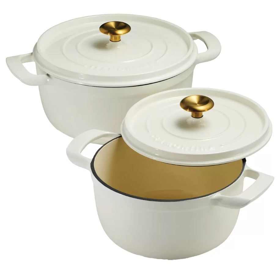 TRAMONTINA 2-Piece Dutch Oven Enamel Cast Iron Pots, White, 3.7L & 5.6L. N.