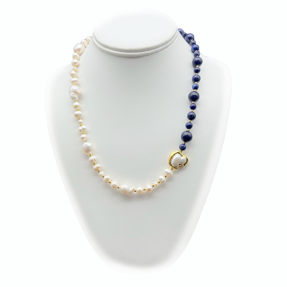 Pearl Flat Edge Baroque, Pearls & Lapis Lazuli 18k Gold Plated Necklace
