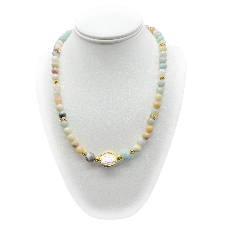 8mm Amazonite & Blister Pearl with Gold Trimming Beaded Necklace