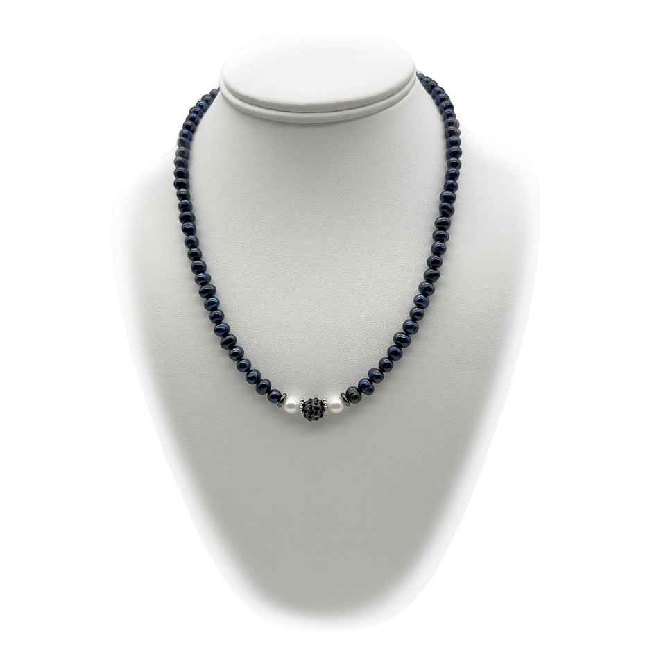 5-6mm Black & White Pearls with Black Rhinestone Platinum Plated Necklace