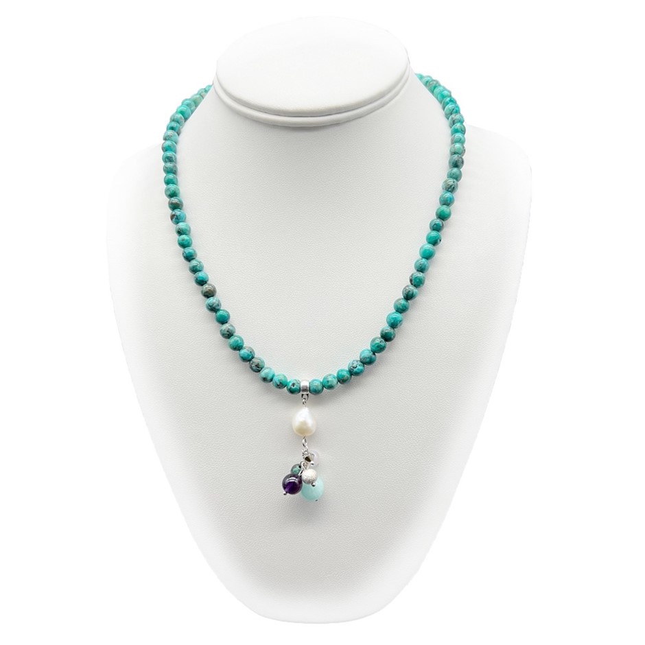6mm Afican Jasper 'Turquoise' & Pearl & Gemstone Cluster Necklace