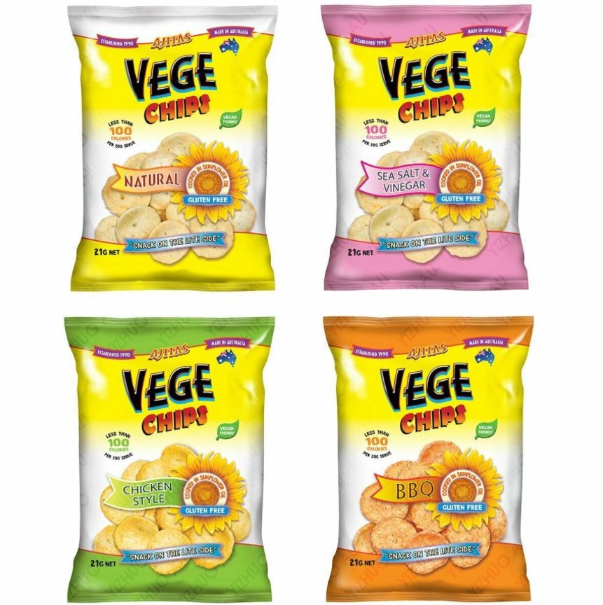 60 x AJITAS Vege Chips Assorted Flavours Single Serve Packets, 21g.