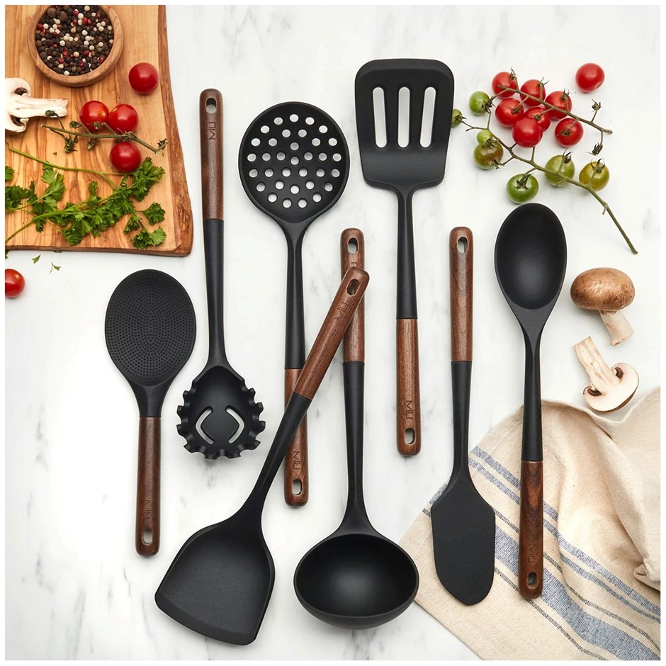 MIU 8pc SIlicone Utensil Set, Black Walnut Wood Handle. N.B: Not in origina