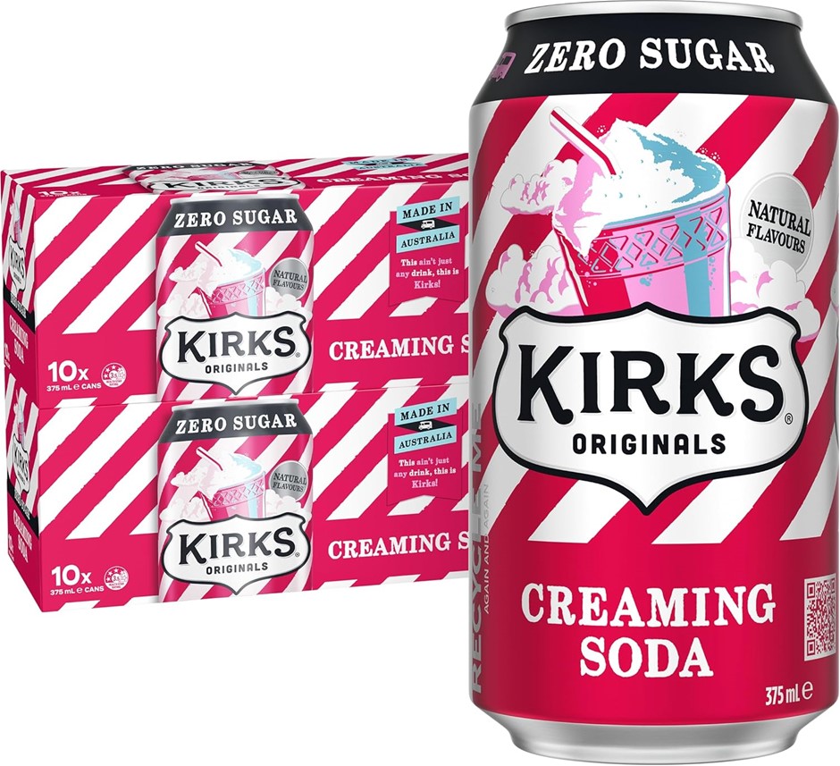 14 x Box of 10pk KIRKS Creaming Soda Zero Sugar, 375ml Soft Drink Cans. Bes