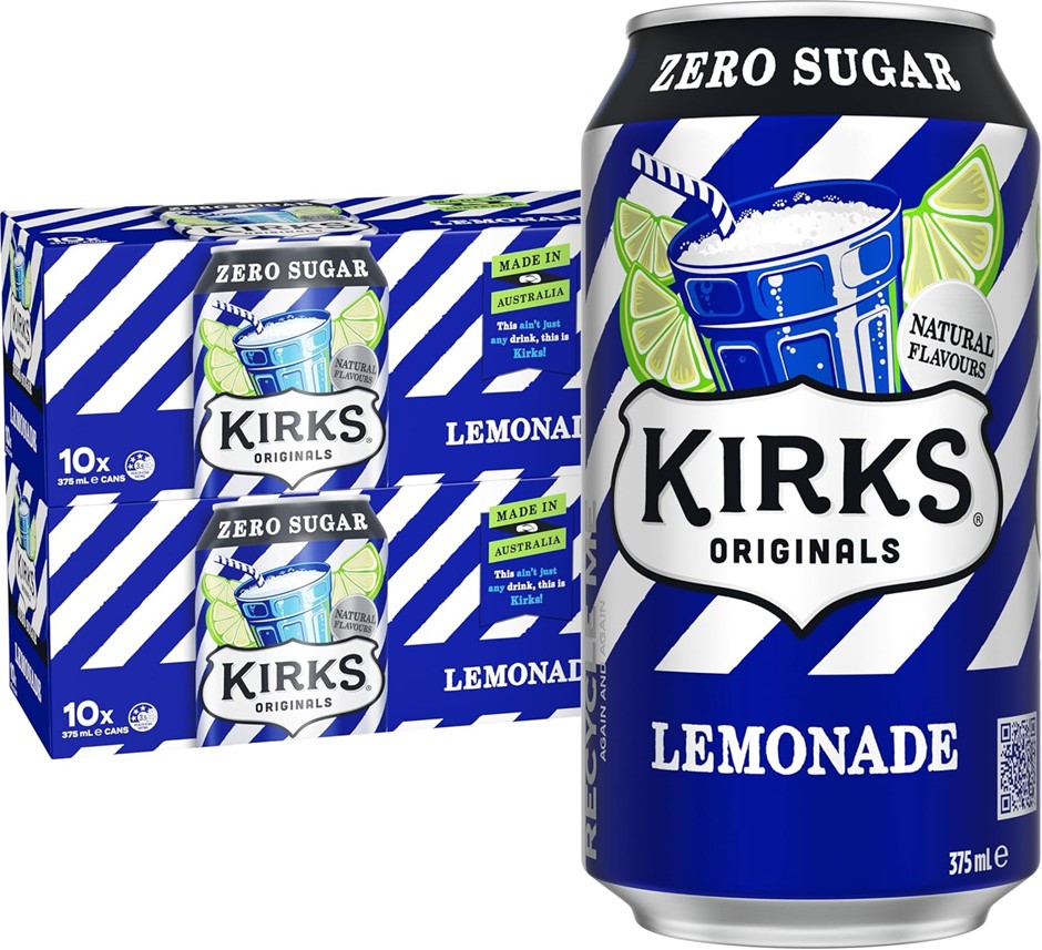 13 x Box of 10pk KIRKS Lemonade Zero Sugar, 375ml Soft Drink Cans. Best Bef
