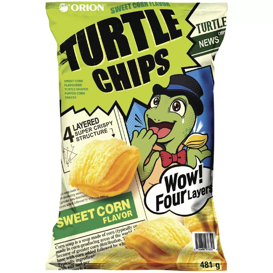 2 x ORION Turtle Chips Sweet Corn Flavour, 481g. Best Before: 03/2026.