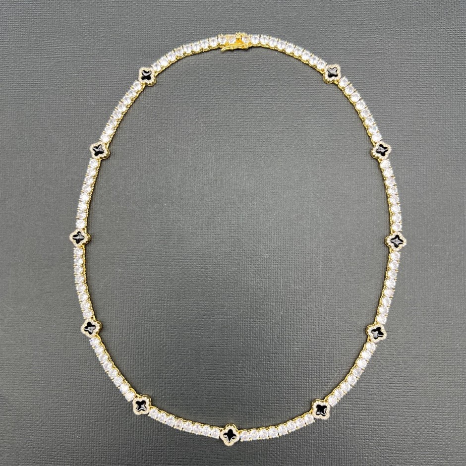 Gold-Filled Tennis Necklace Four-Leaf Clover & Simulated Diamonds - 55.8cm