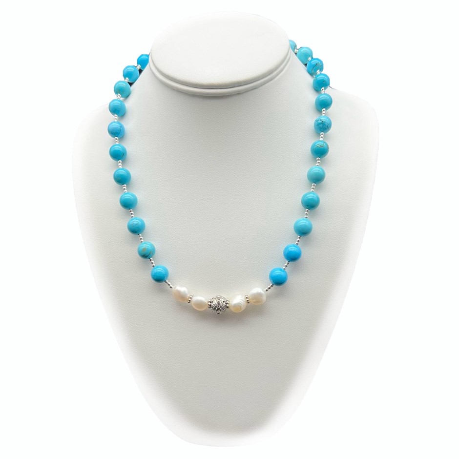 Flat Edge Baroque, Turquoise & Rhinestone Real Platinum Plated Necklace