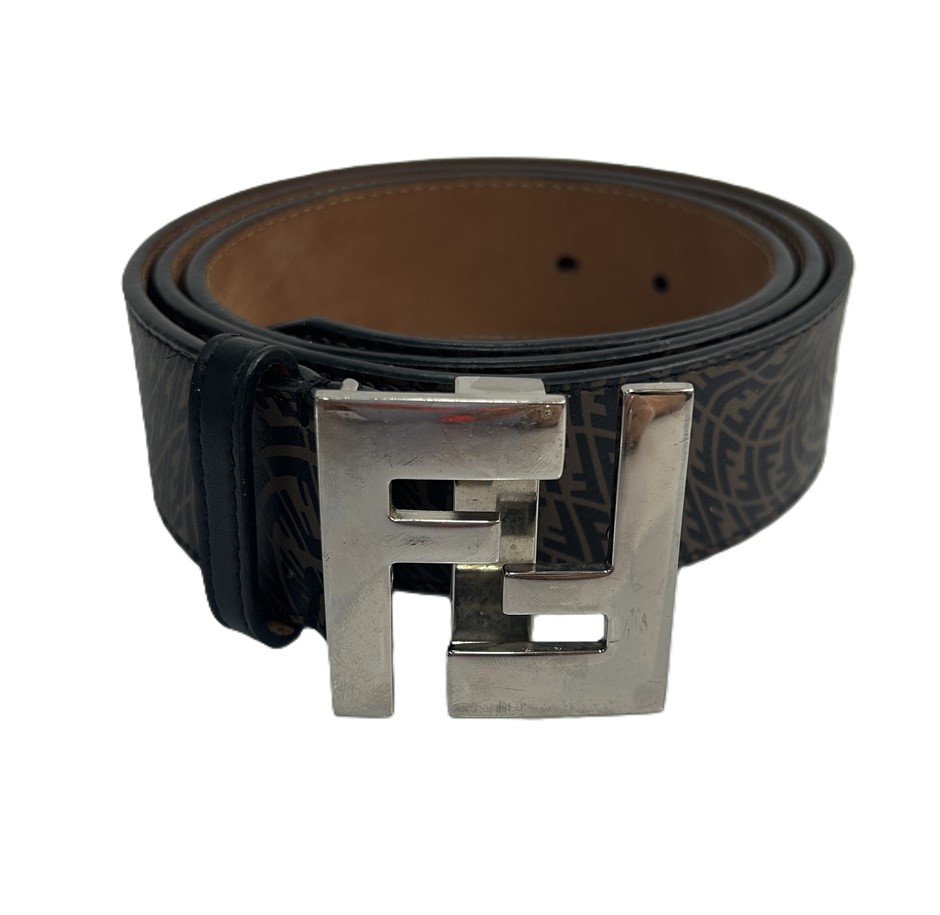 Fendi FF Logo Leather Belt Brown/Black Zucca Pattern silver-tone FF buckle