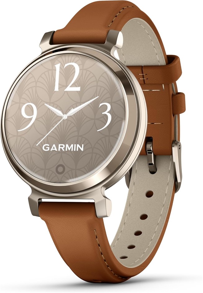 GARMIN Lily 2 Classic, Cream Gold with Tan Leather Band.