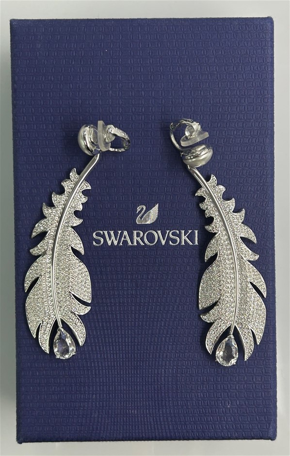 Swarovski Crystal Feather Drop Earrings, featuring an elegant