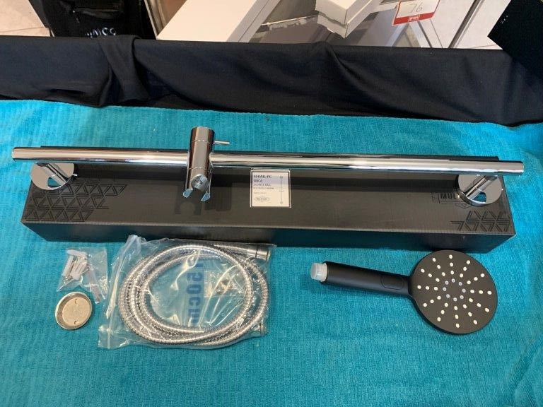 New in Box Chrome Shower Rail with Black Hand Held - Quantity 1