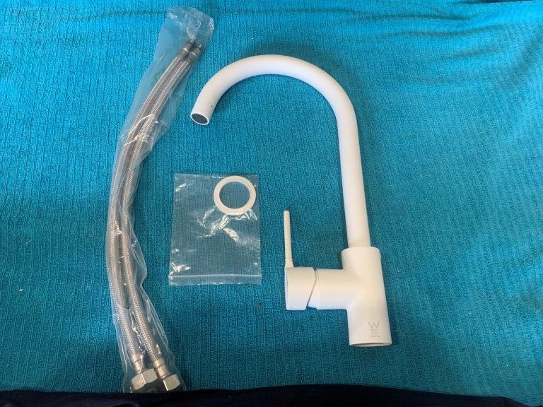 New in Box Multitude Gooseneck Sink Mixer Tap, Matte White - Qty 1